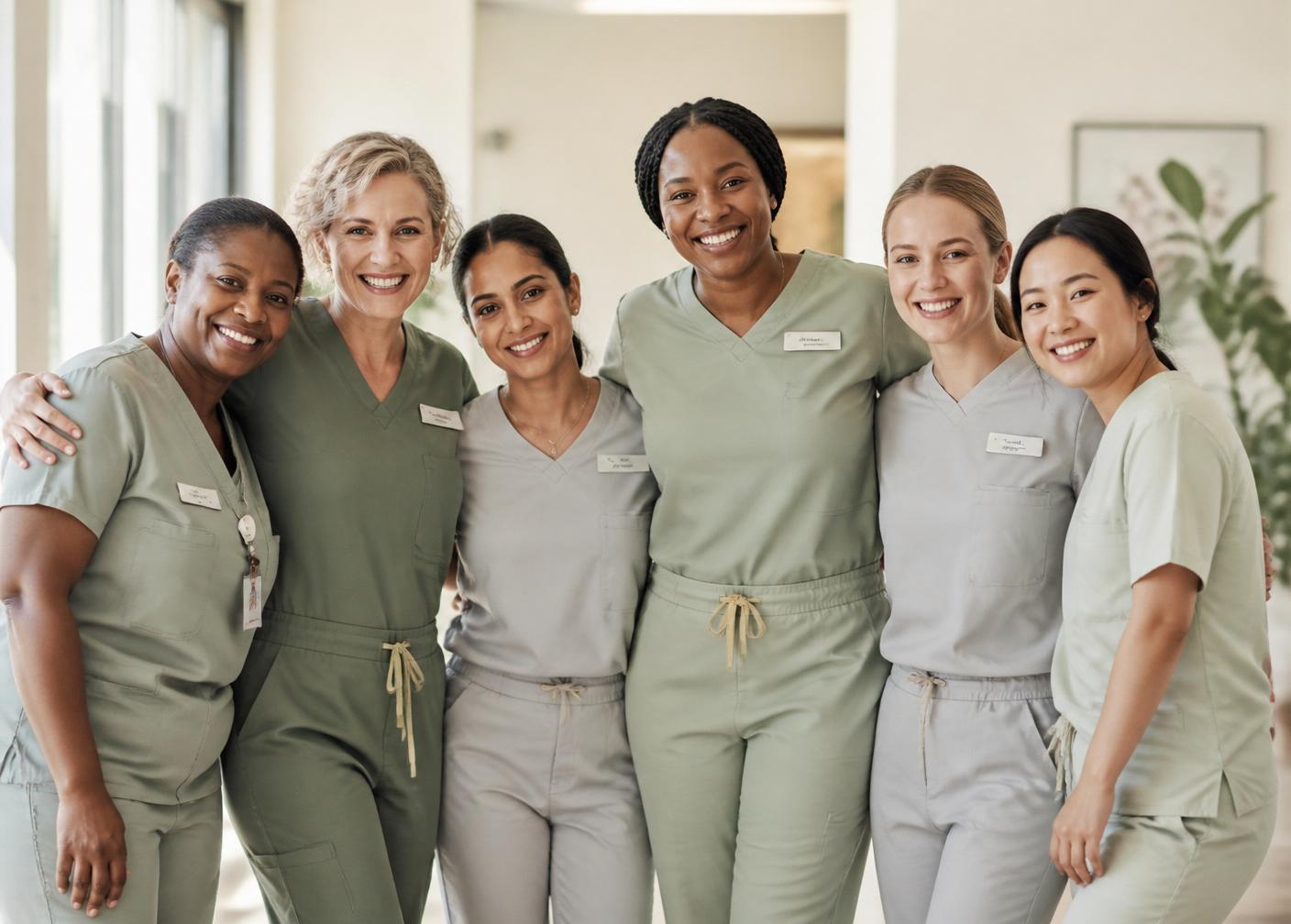 Une équipe diverse de professionnels de la santé sourient ensemble